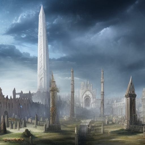 A medieval city with towering spires sits behind a wall. A large white obelisk is prominent in the middle of the city as...