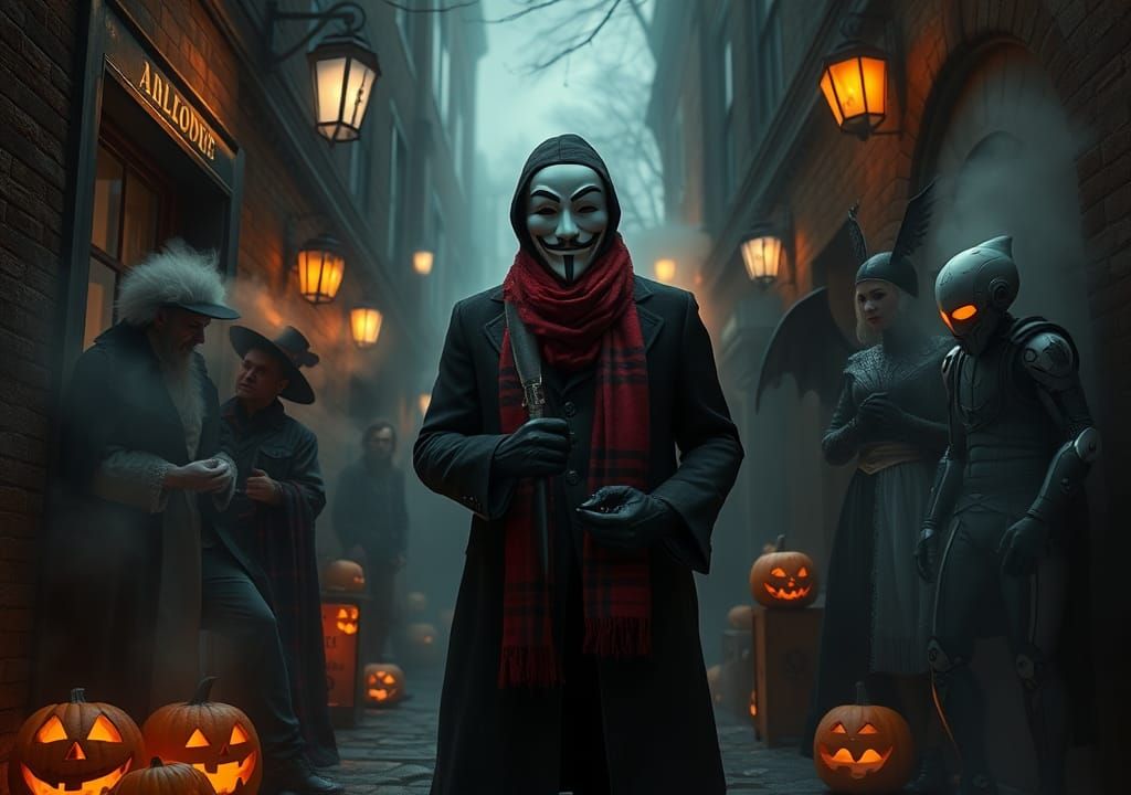 Anonymous Ray with mask on selling contraband to people in costumes on