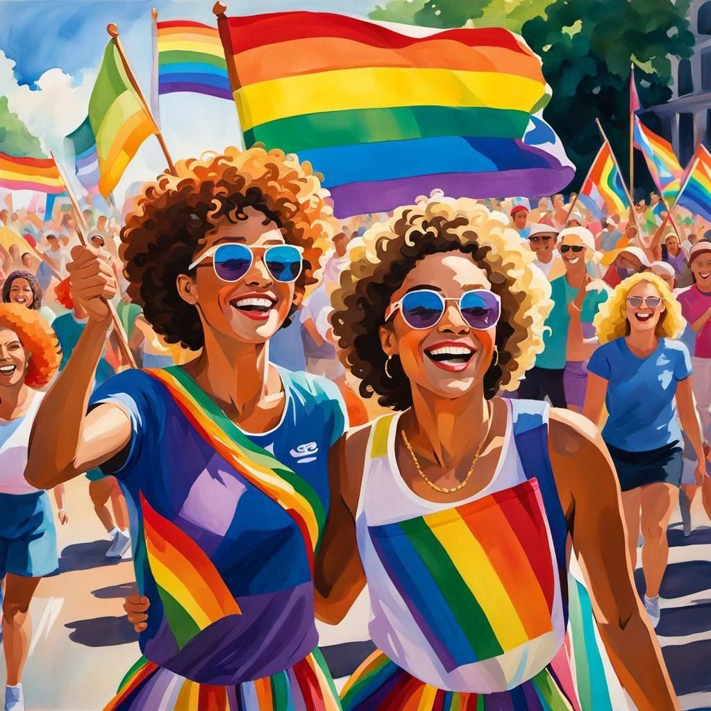A joyful sapphic couple, illuminating the vibrant Pride parade with their radiant smiles, embodies love, acceptance, and authenticity.  by @Phantazia
