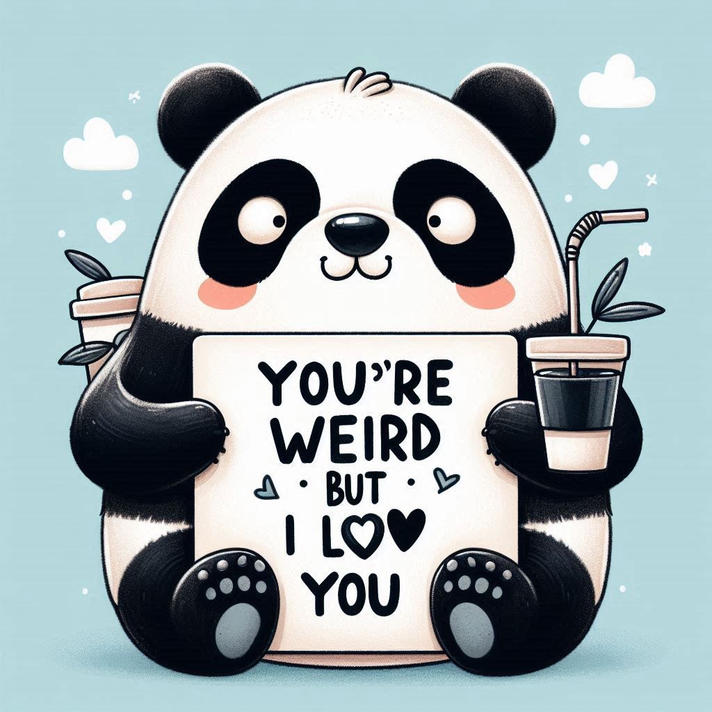 Panda holding a sign saying You're Weird But I Love You