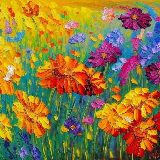 classic floral painting, a field of vibrant mixed colors lar...