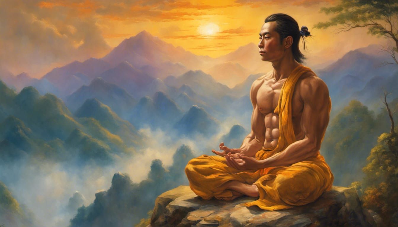 Meditative Monk on Mountain range