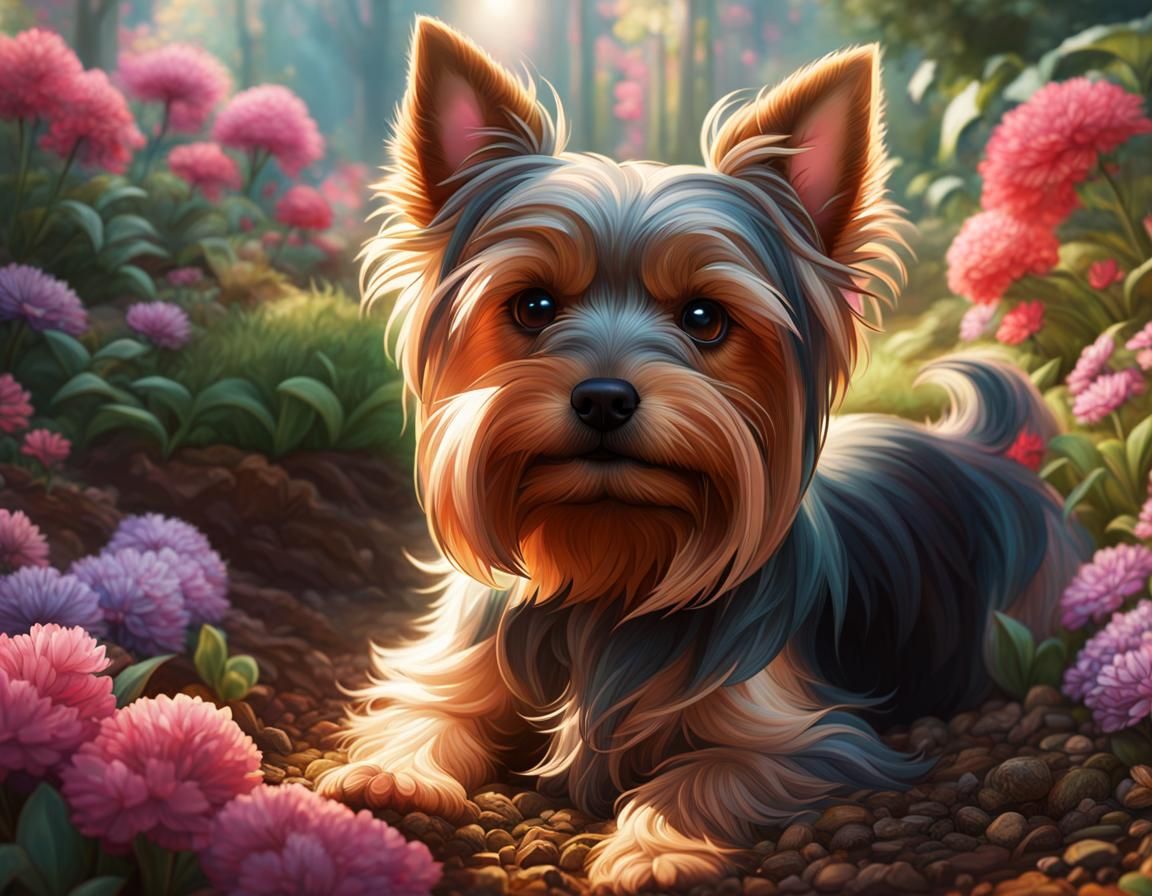 Yorkshire Terrier digging holes in garden ground, 8k resolution concept
