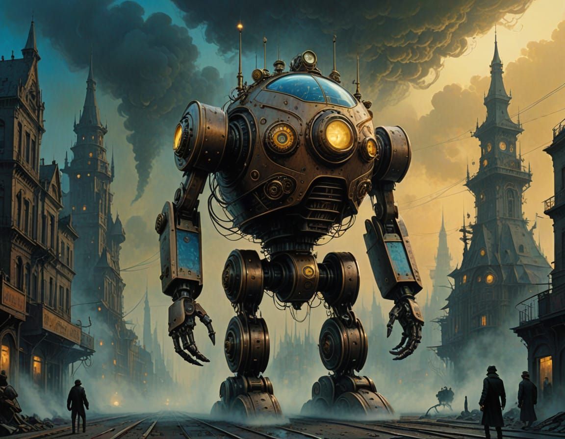 Copper-Plated Robot Walks Through Fog-Shrouded Metropolis in...