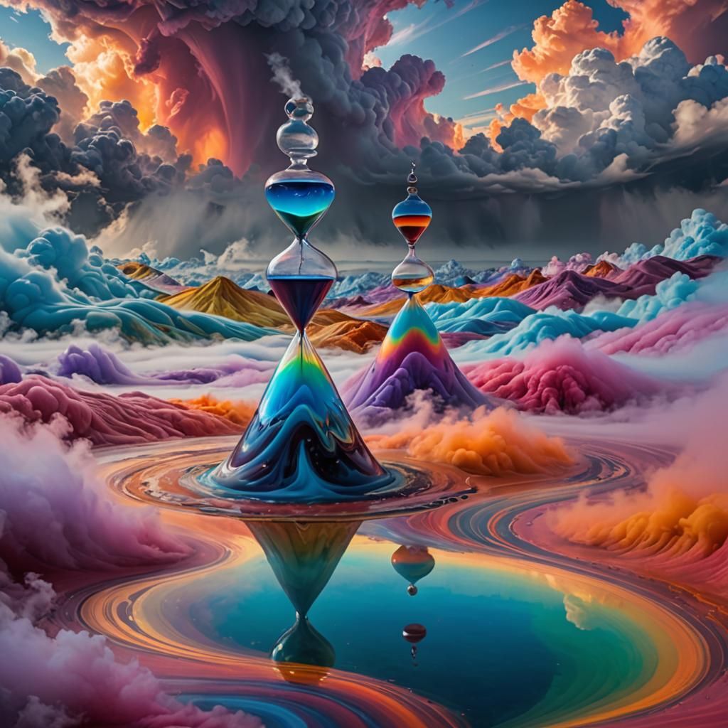 a lake of colorful non-newtonian fluids, vibrations causing the fluid to rise up in a rippled shape of an hourglass set ...