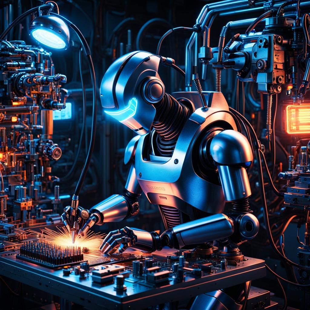 A robot repairing itself in a cluttered workshop filled with futuristic tools.