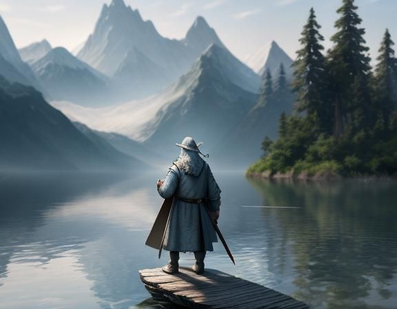 Gandalf on lakeside abstract vector fractal, wave function, ...