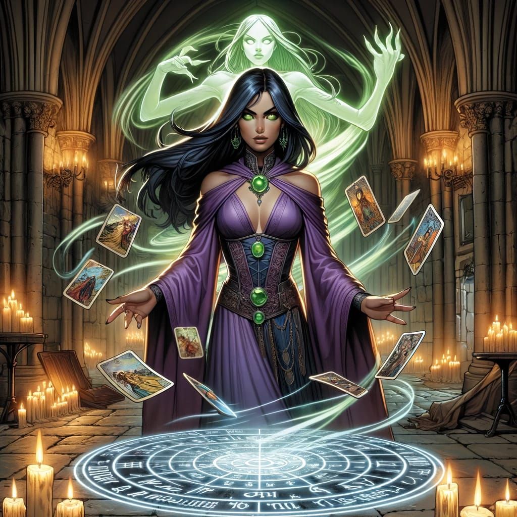 A spirit bard summoning with her tarot cards