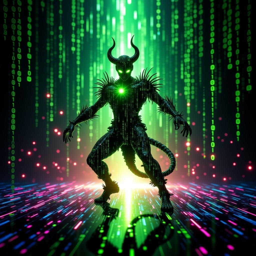 Glitchcore image (((Binary code dream))) background, (((double exposure: transparent bioluminesenty glowing limegreen devil entirely made by...