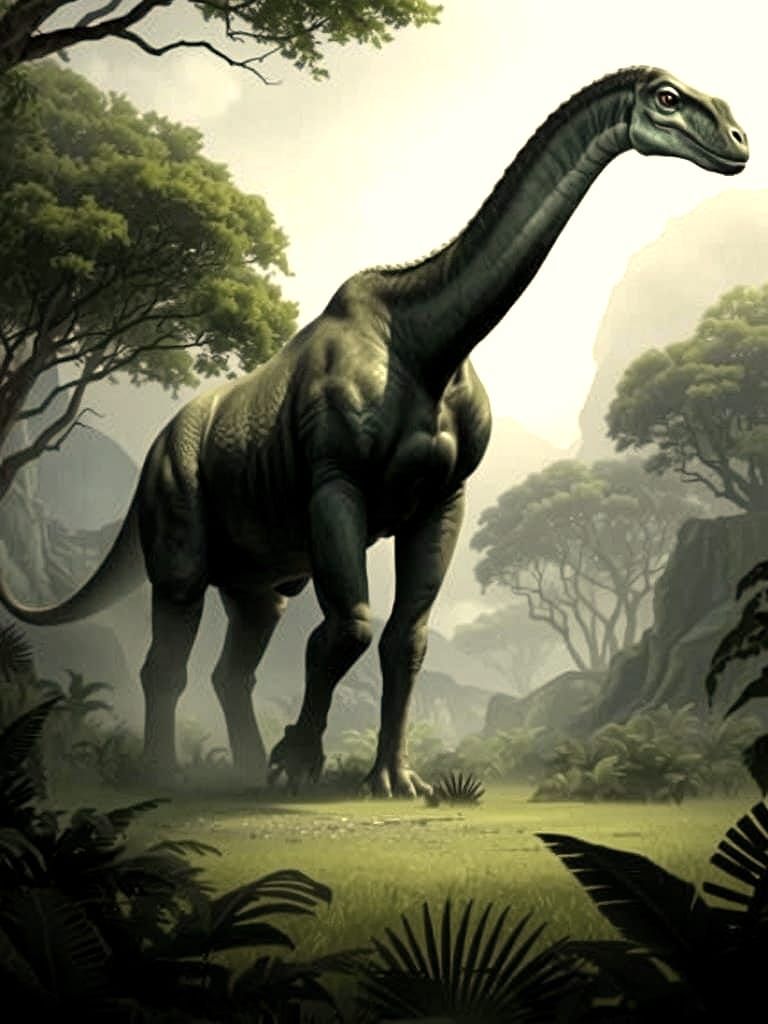 A graceful Brachiosaurus in a prehistoric jungle.
