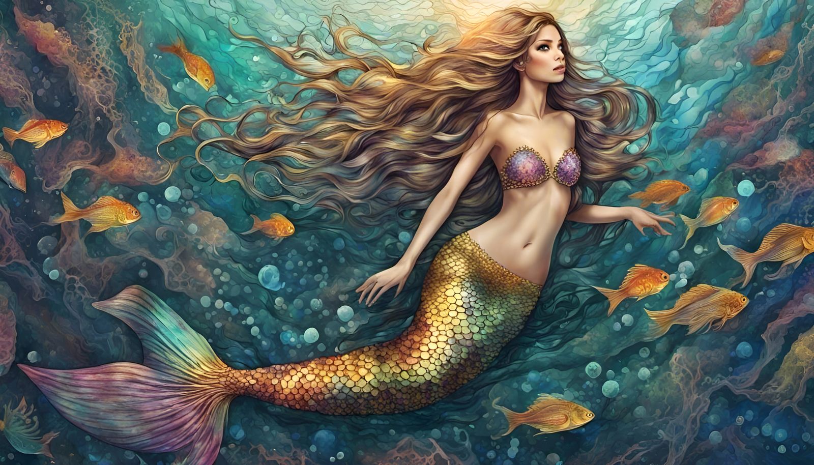Mermaid with School of Fish  by @DDegas