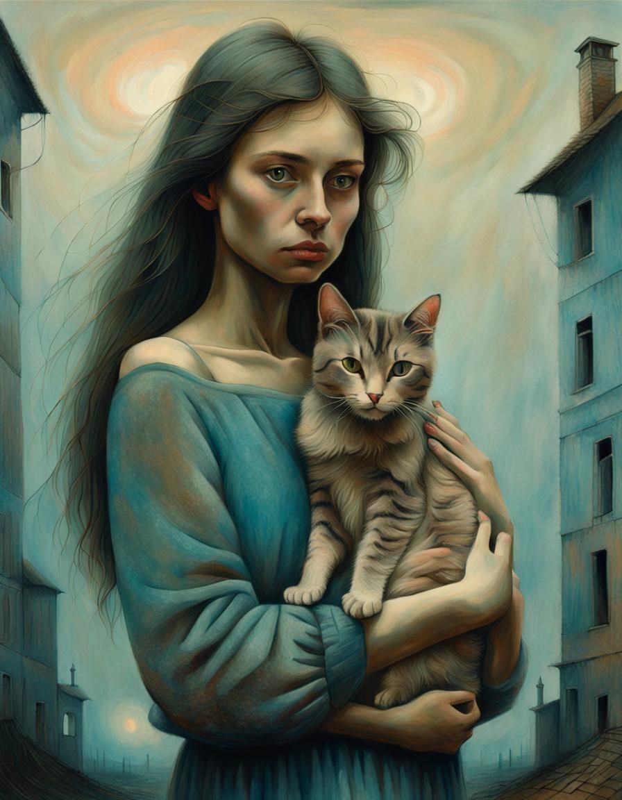 Sara Holding a Cat in the style of Zdzisław Beksiński - AI Generated ...