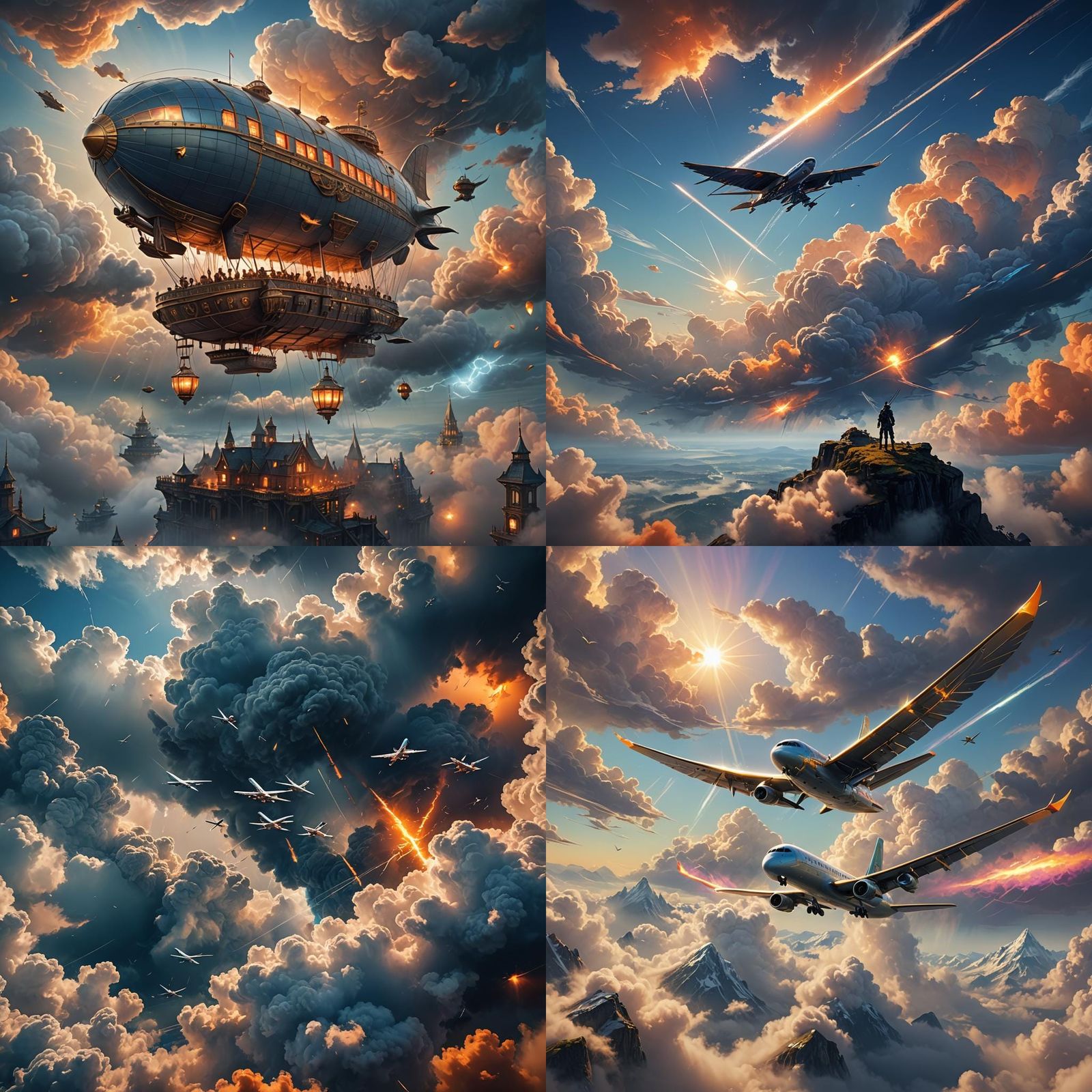 Airplane in Cloudy Sky: Detailed Matte Painting