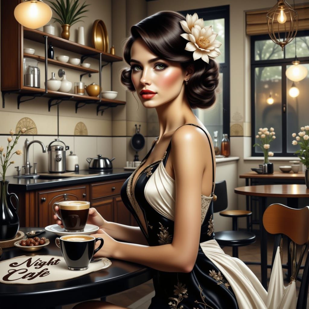 Retro Woman with Coffee in Art Deco Kitchen