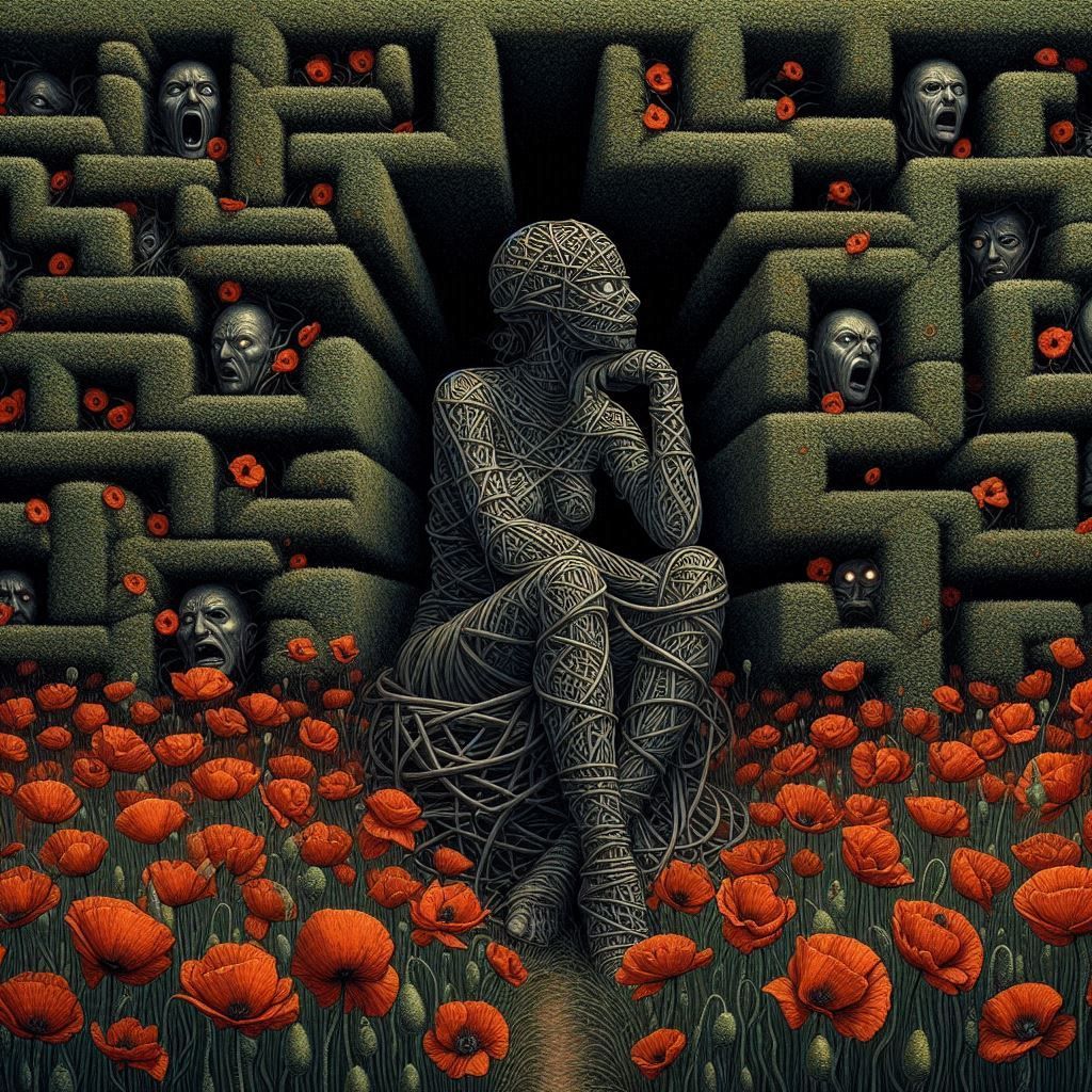 A surreal image of a woman constructed from strings in a hedge maze. The artwork features muted colors and distorted for...