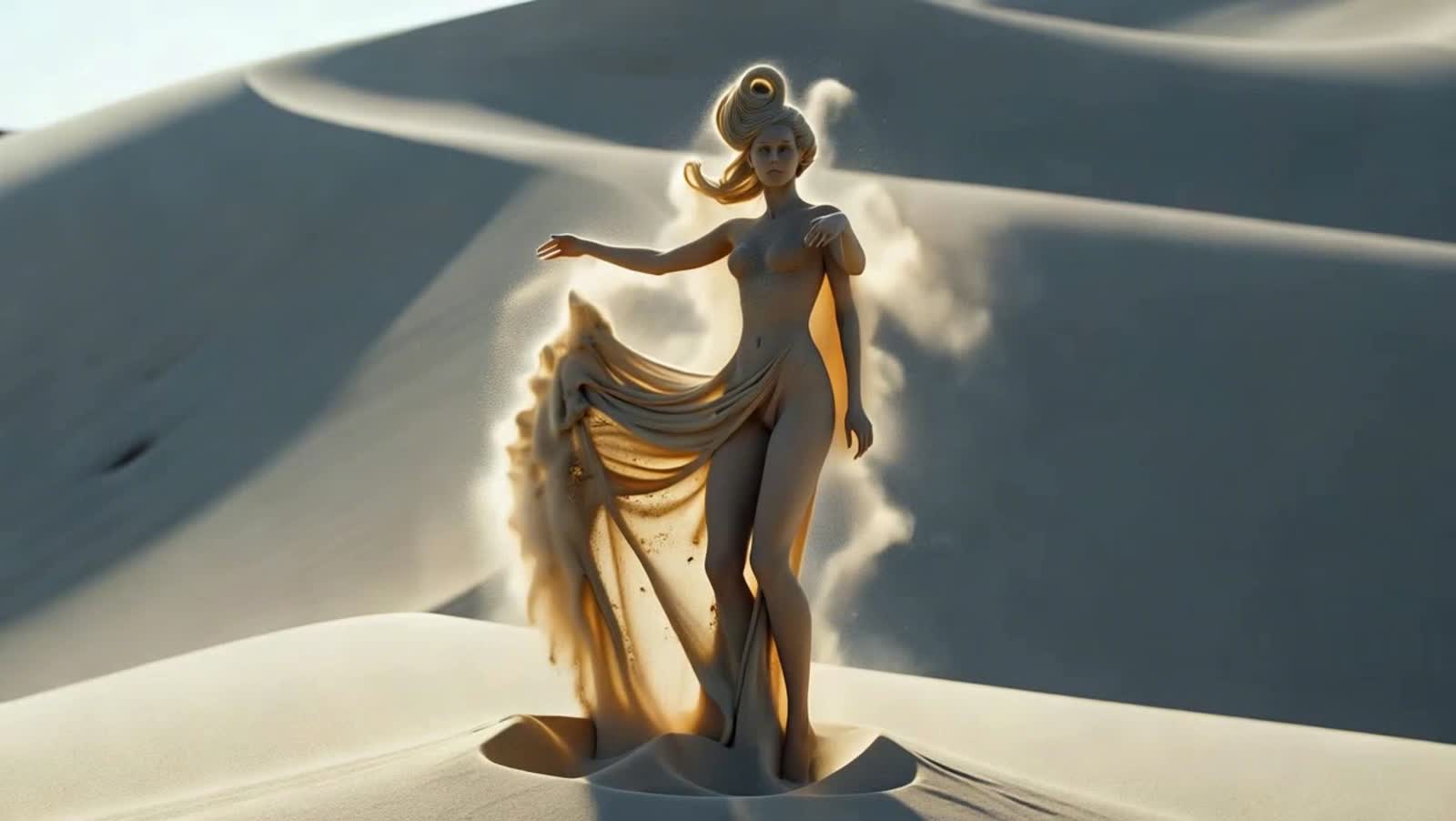 A beautiful female sand sprite,its form composed of desperately shifting grains and swirling dust, performs a fragile da...