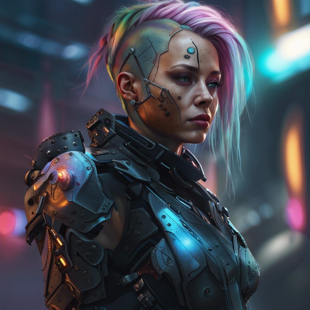 Futuristic Gothic Cyberpunk Warrior in Abandoned Sci-Fi Scen...