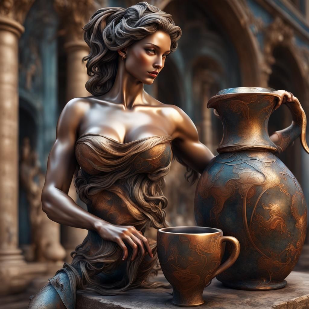 Verzierter Kaffeebecher Raku Technik mit Untertasse, beautiful Greek women, bodybuilding women, statue ...  by @Heiner
