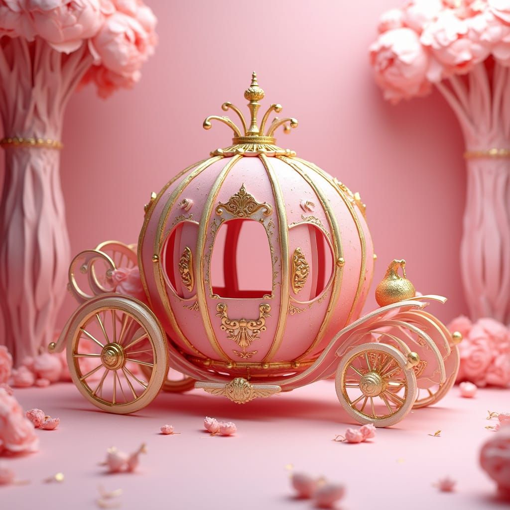 Pink Carriage with Origami in Hyper-Realistic Style