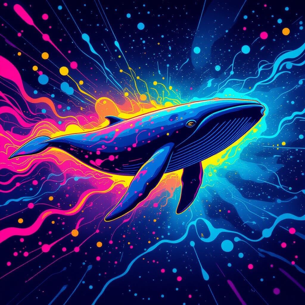 A vibrant psychedelic whale swimming through a surreal ocean of neon colors, abstract paint splash style with glowing lines, flowing liquid ...