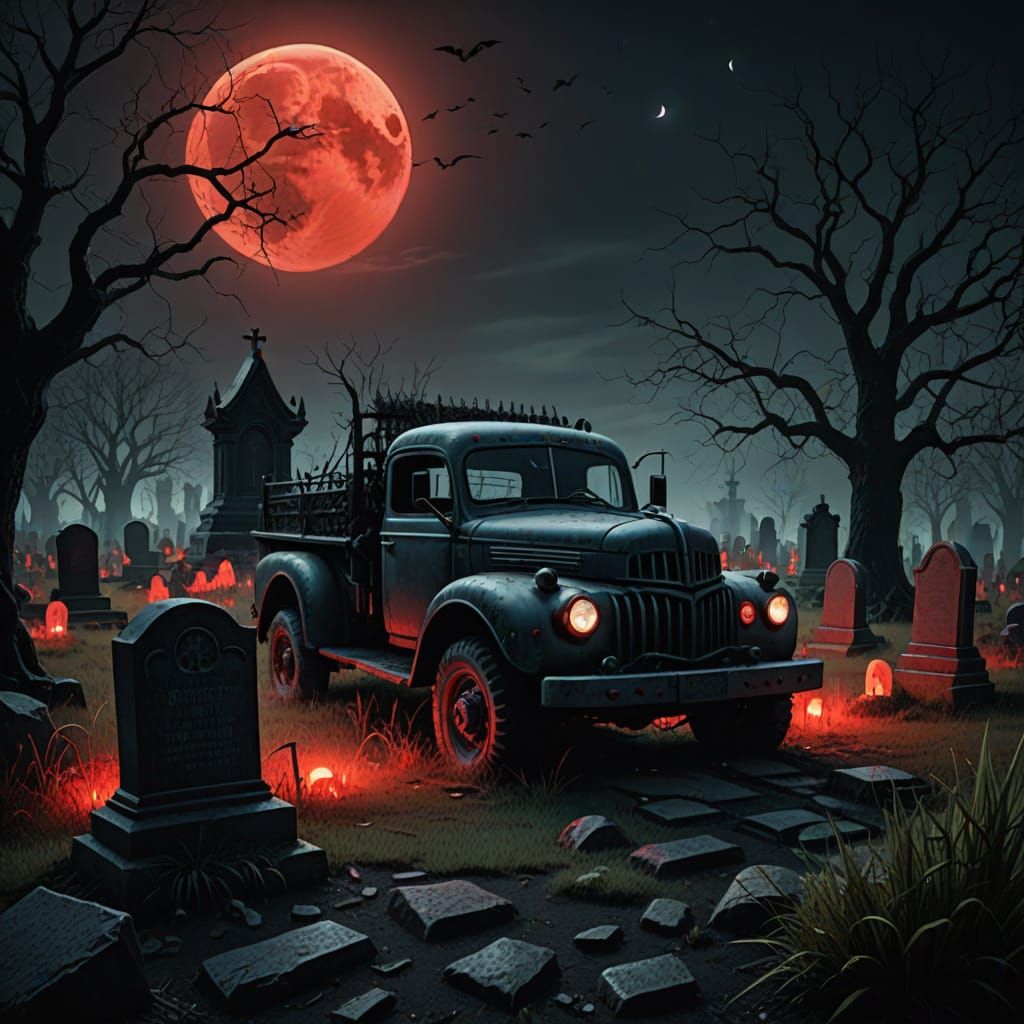 Gothic Whimsy Boy Plays with Gravedigger Truck Under Full Mo...