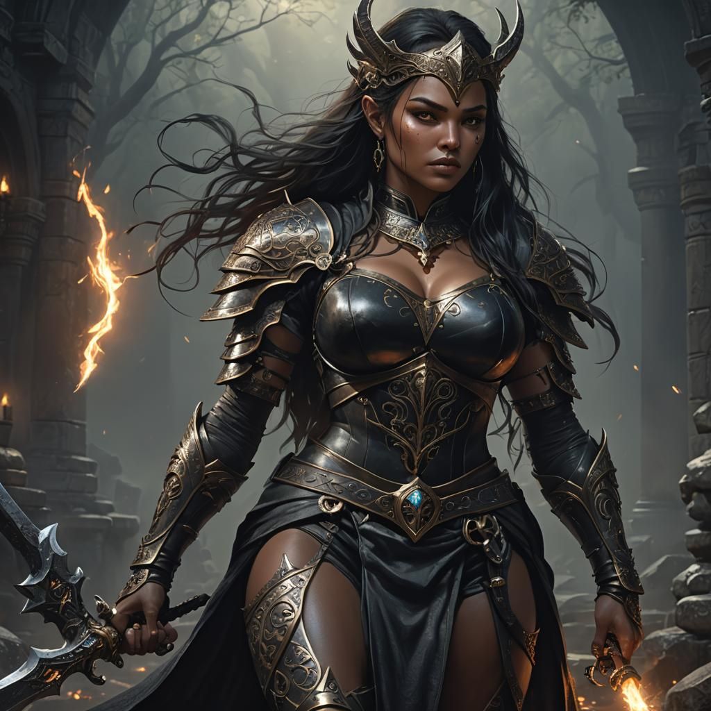 A beautiful, darkness warrior with a beautiful body exudes a...