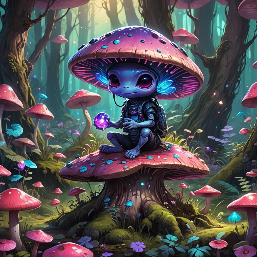 Chibi Alien Plays in Whimsical Forest: Digital Art
