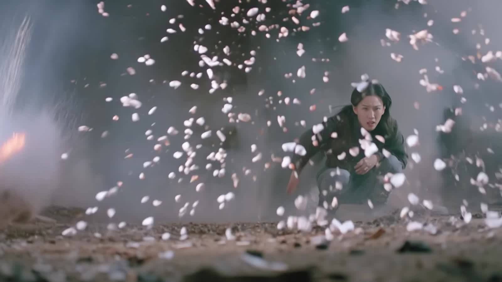 Powder explodes, the scene is in chaos, debris flying fast towards the camera, flashing light, explosions, powder explod...