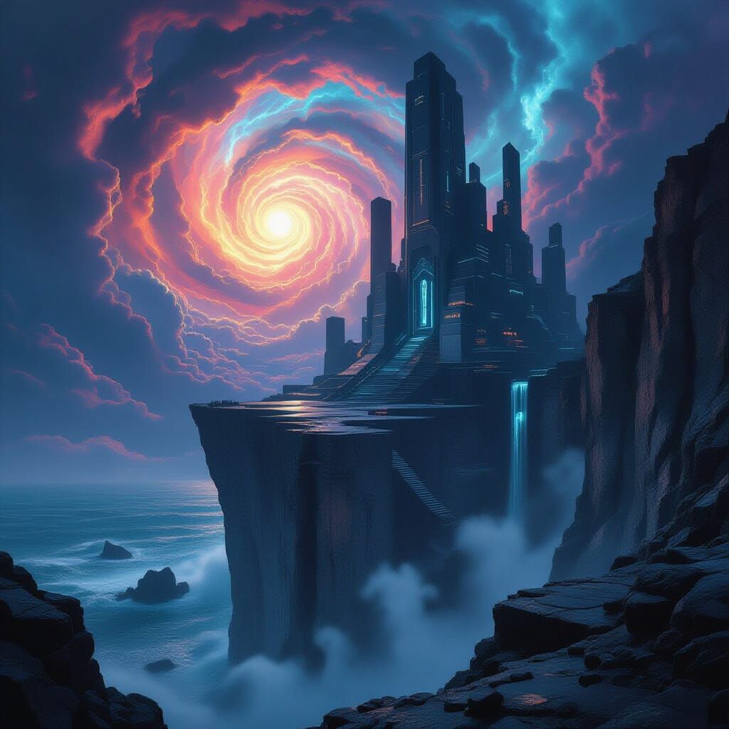 Add more of the same ethereal woman to the three and have them floating above the canyon in front of the castle on the mountain  - Start Image 1