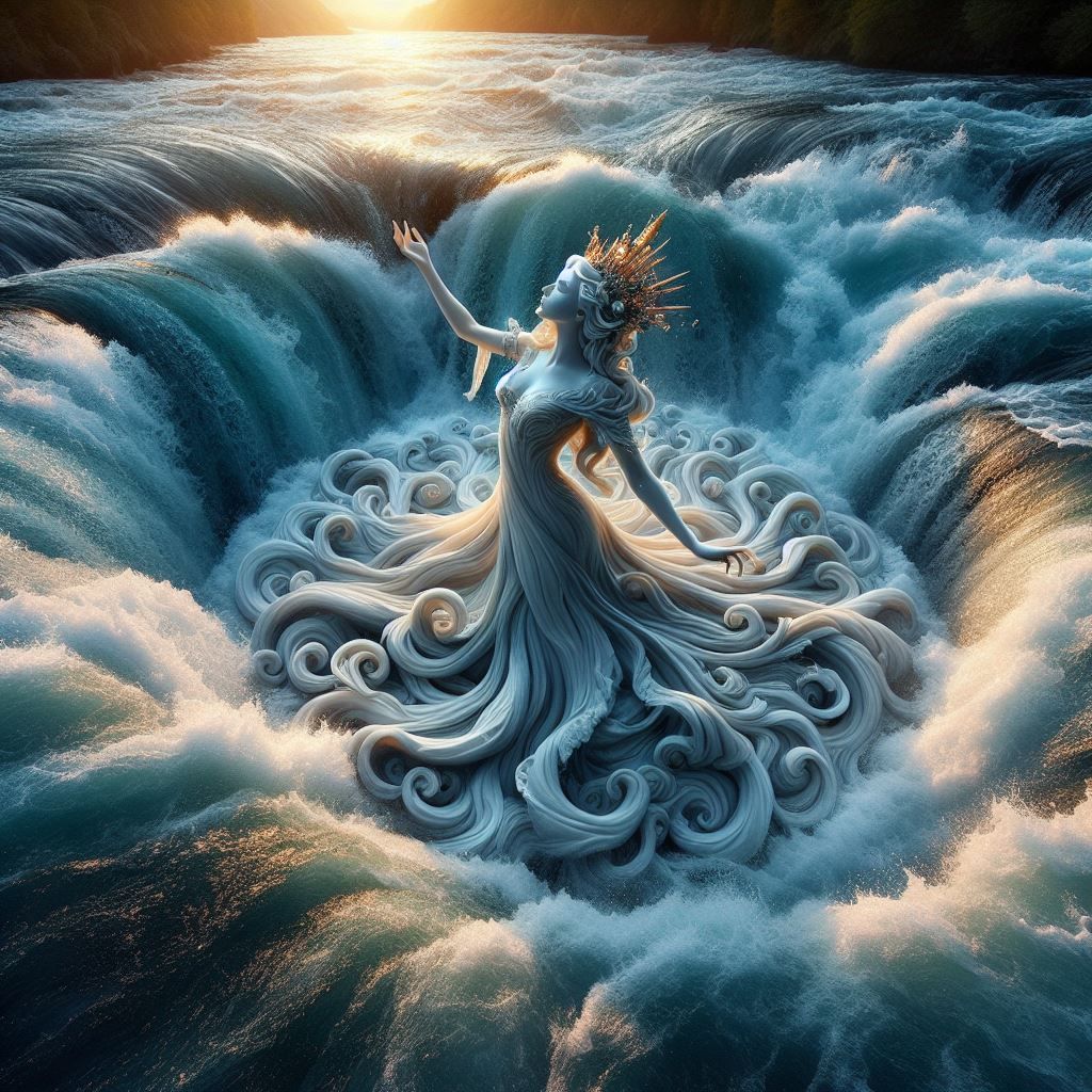 A river queen rising from a swirling whirlpool, luscious hue...