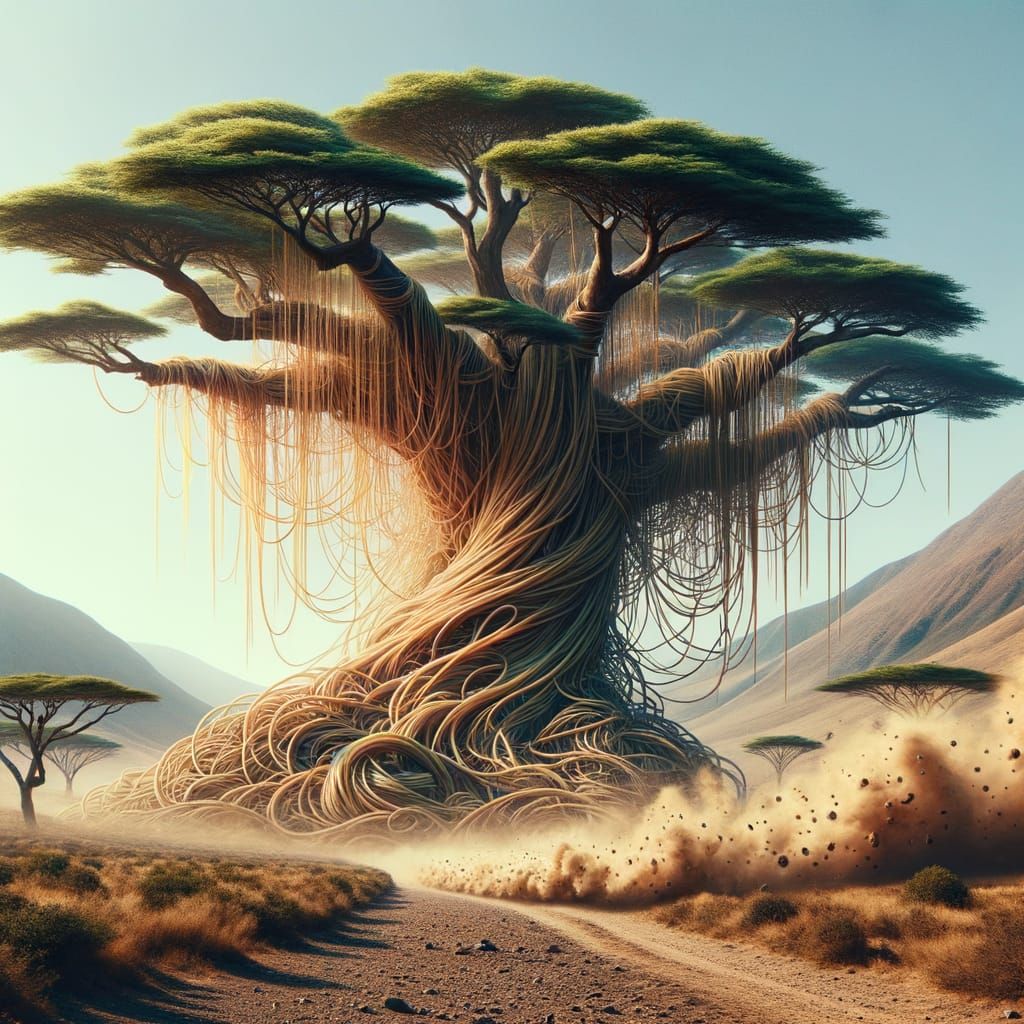 Giant acacia trees engulfed by creeping spaghetti vines