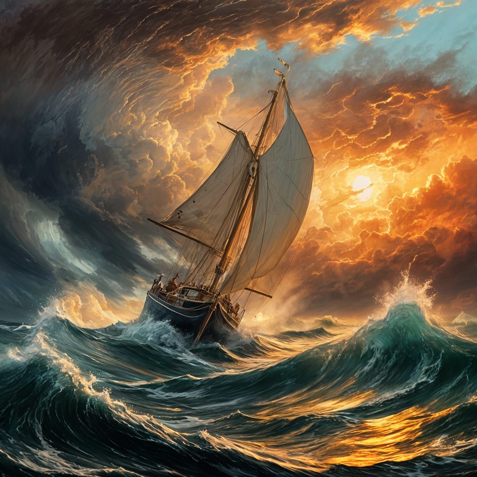 A vibrant scene of a lone sailboat battling massive, foam-crested waves during a fierce storm at sunset. ...  by @Paddy OBrien