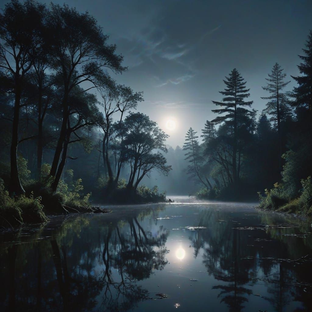 Silver Moonlit Serenity: Ethereal Waterscape in Cinematic St...