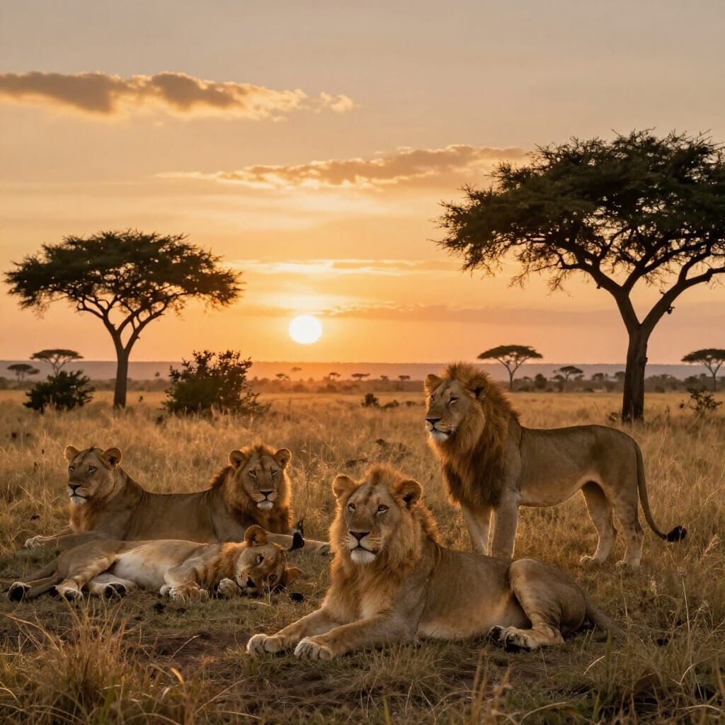 Majestic Lions at Golden Hour Sunset in Savanna