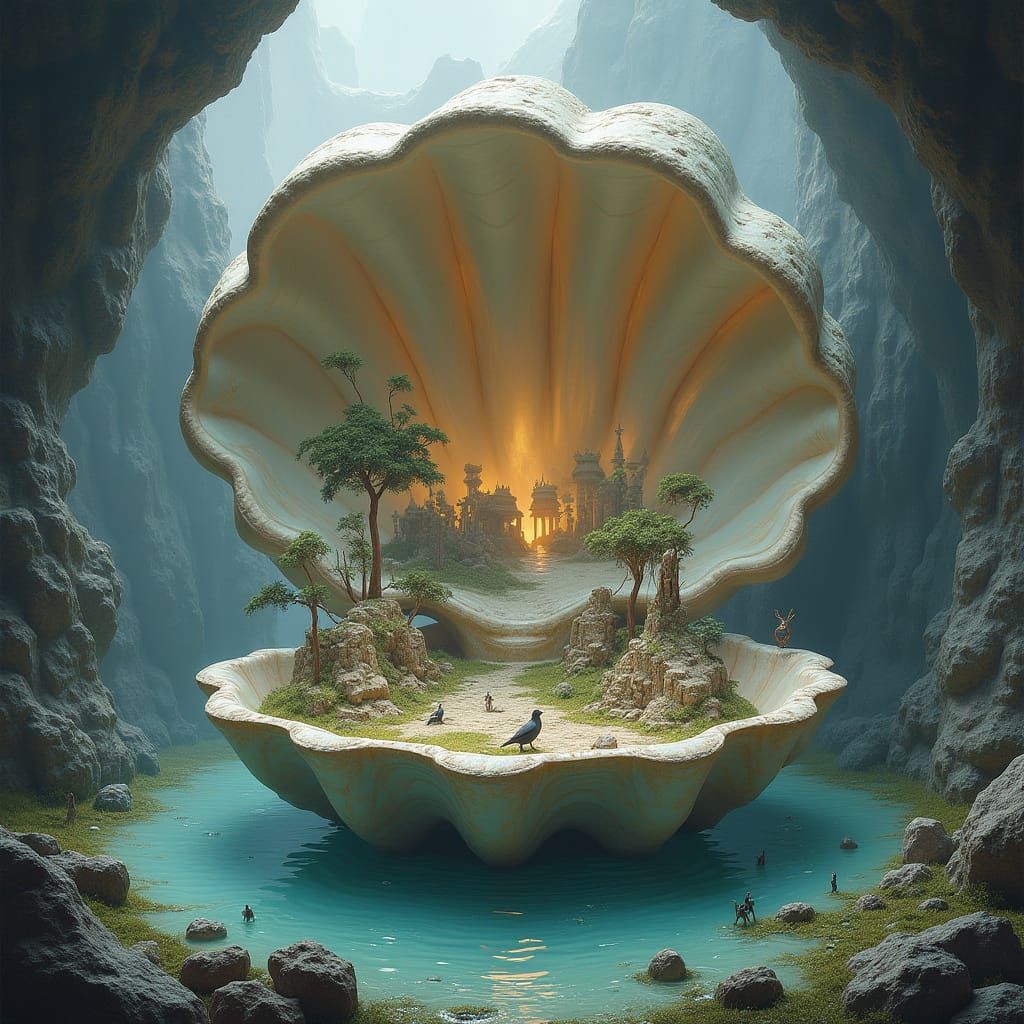 A surreal, fantastical scene with an enormous, intricately detailed shell in the center. Inside the shell, there are various elements like b...