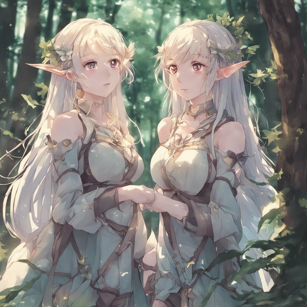 twin anime elf girls in the woods with one looking ethereal - AI ...