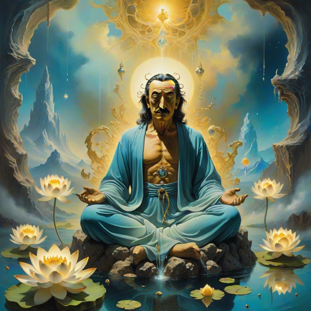 Meditating Figure on a Lotus Flower in Ethereal Surroundings