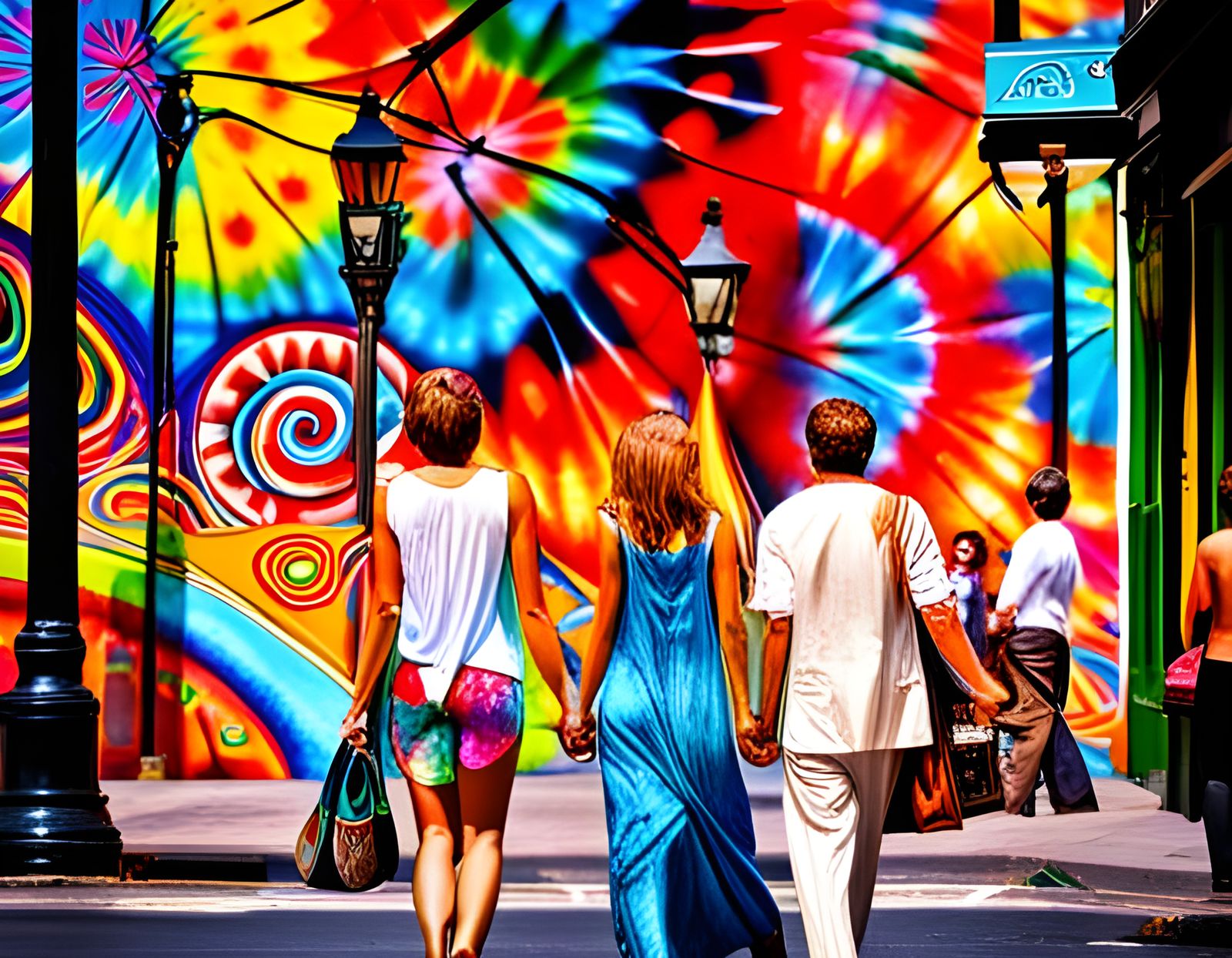 Street scene with 1960s hippie kaleidoscope tie dye pattern grafitti