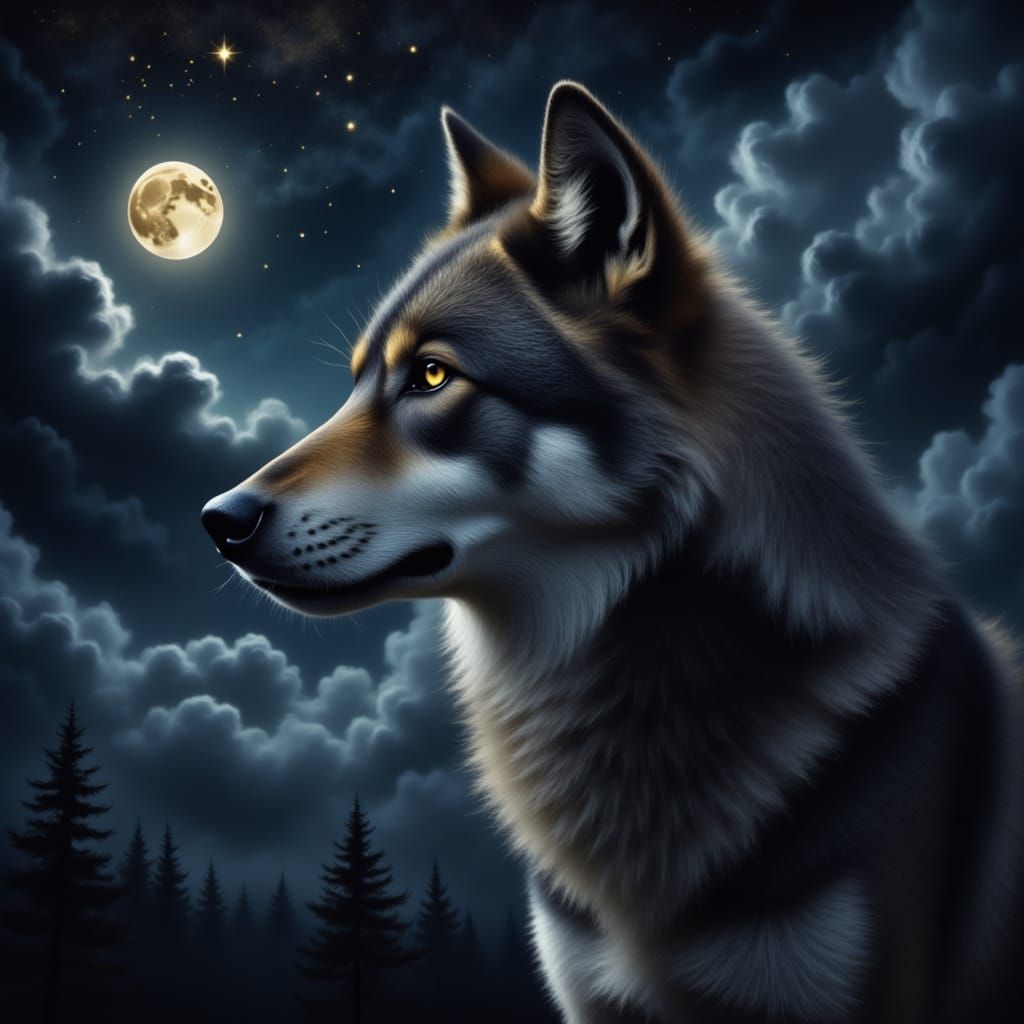 <lora:Ominous Skies:1.0> close up of a wolf, night sky