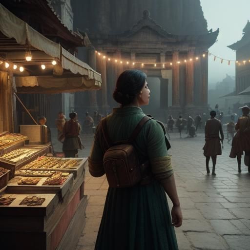 Traveler in Vibrant Market with Ancient Temple