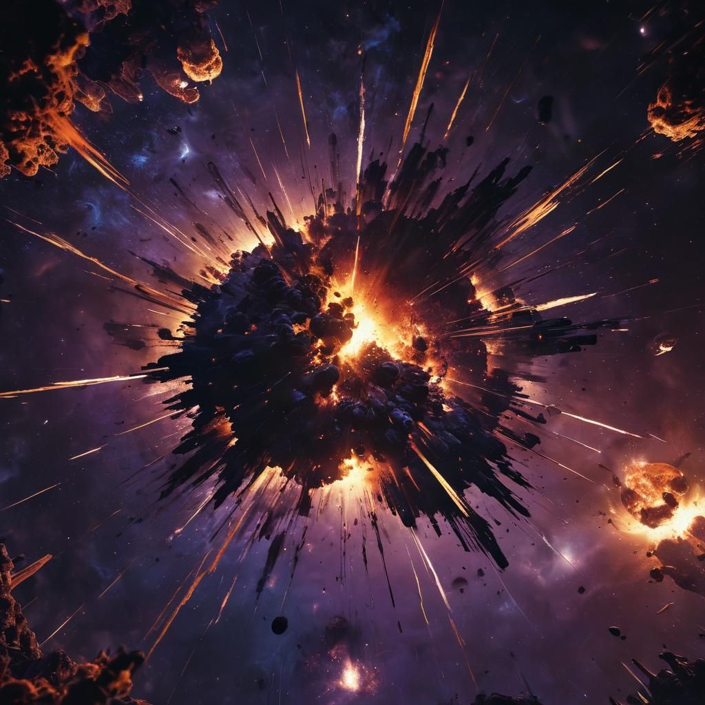 A cinematic still of a planet exploding  shown from outer space