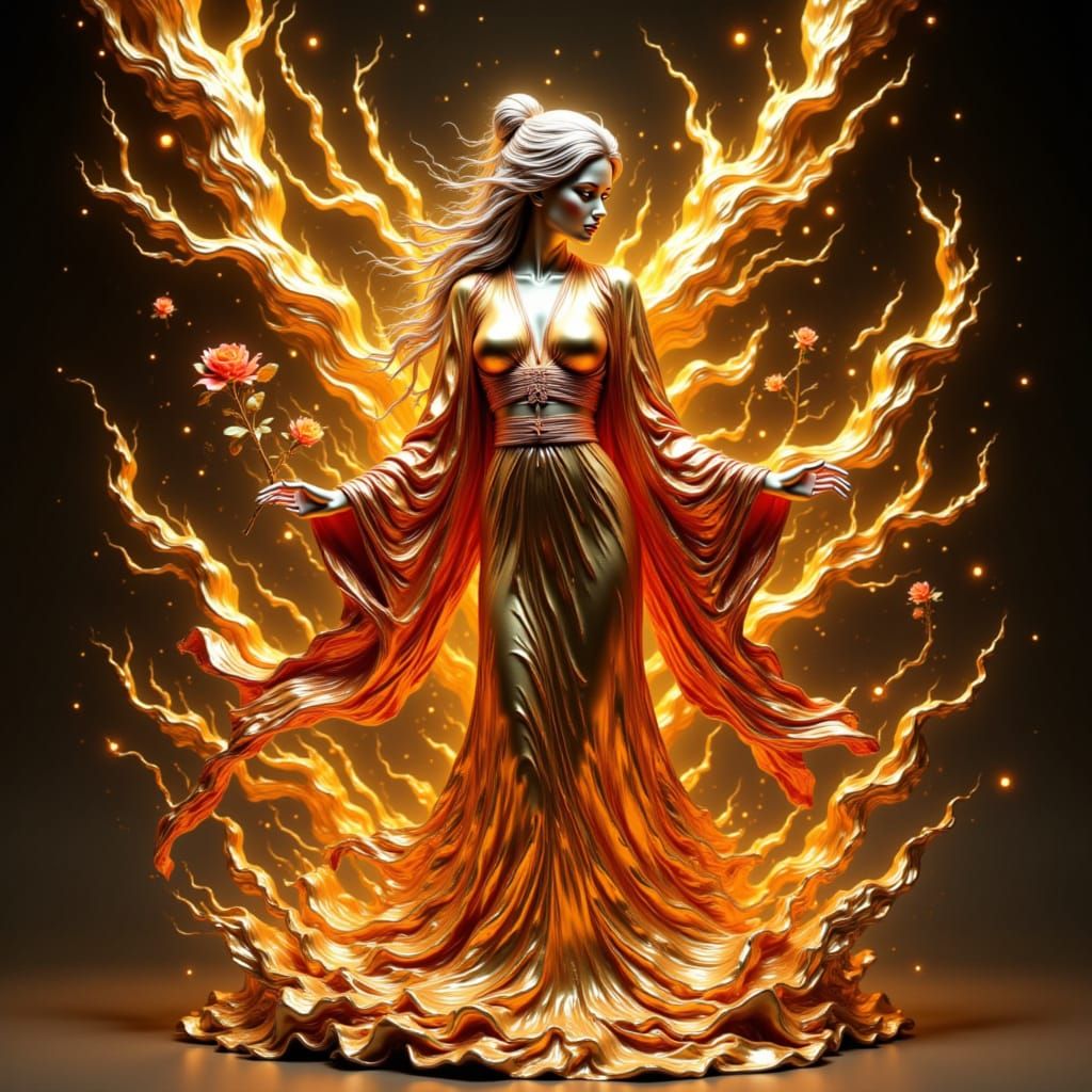 A maiden alive sculpture made of gold and silver, Dressed with geisha red mealic kimono, with some rose made of gold and silver, rounded by ...