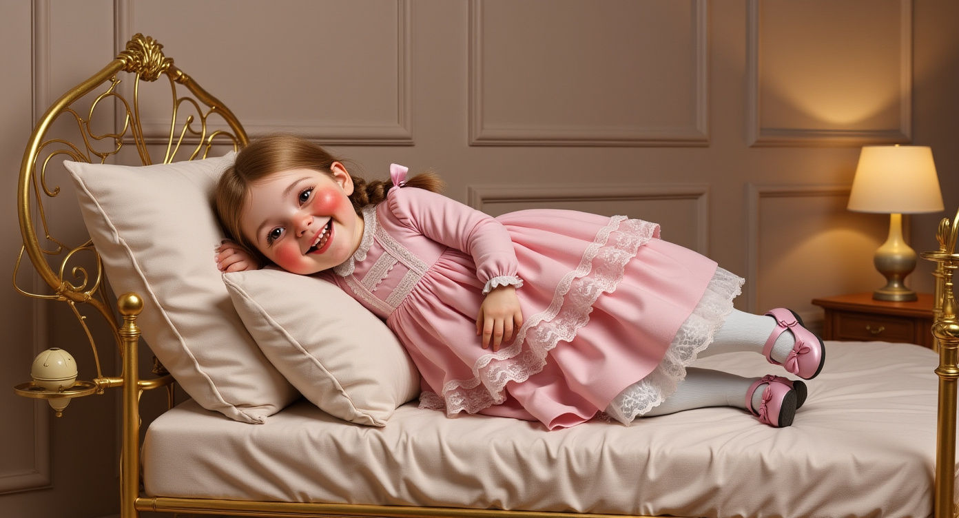 A young girl with a whimsical doll face in a realistic style, with rosy cheeks, a very smiling expression, hair braided in two short braids....