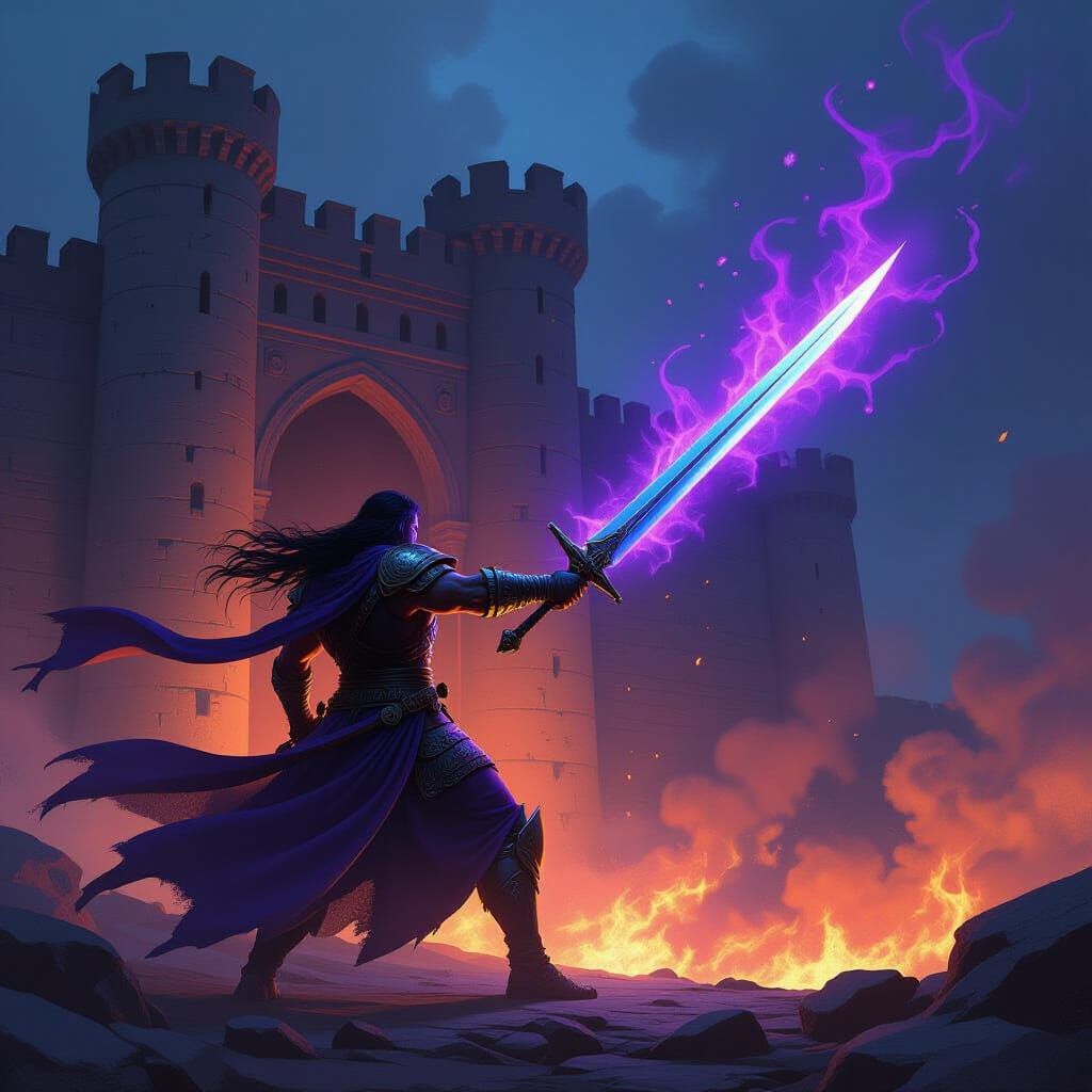 Epic Fantasy Warrior Melts Fortress with Glowing Sword