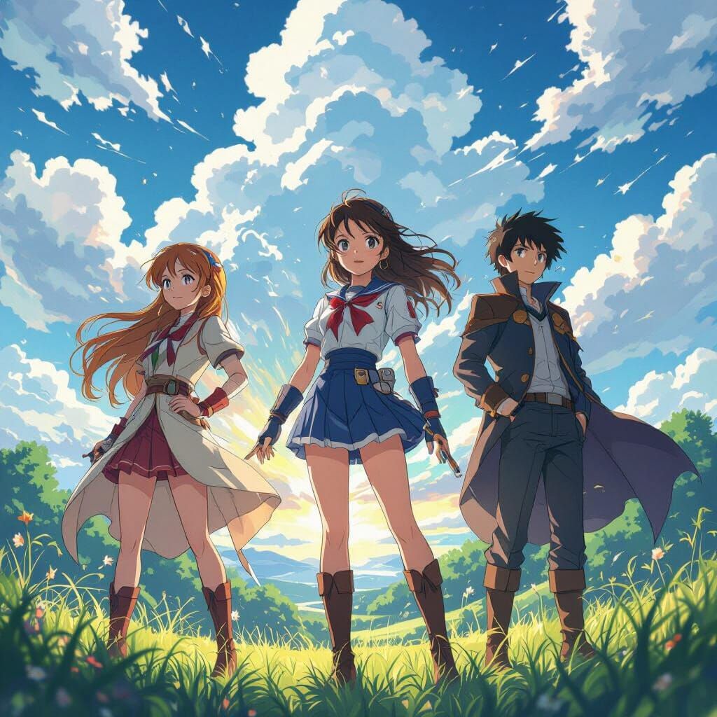 Vibrant Anime Scene with Dynamic Characters and Lighting