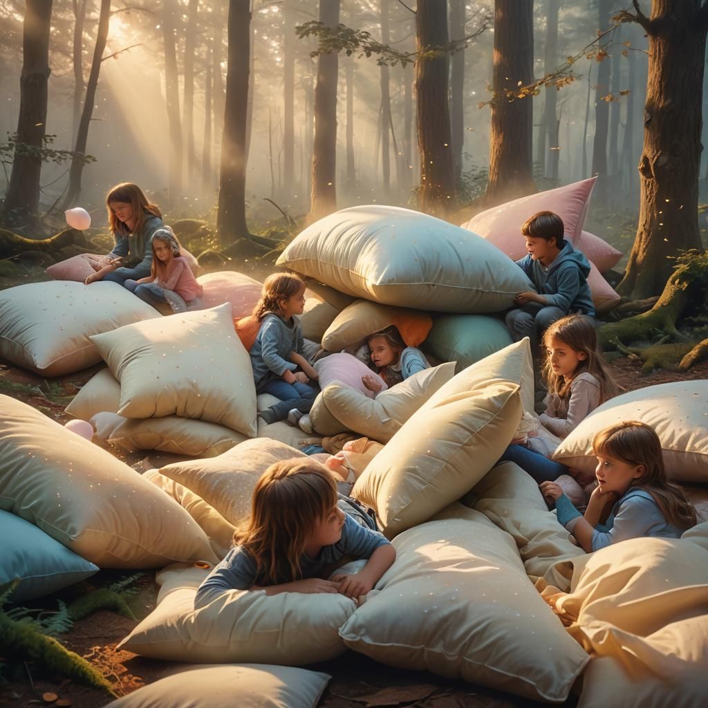 Children's Pillow Fight in Misty Forest, Digital Art