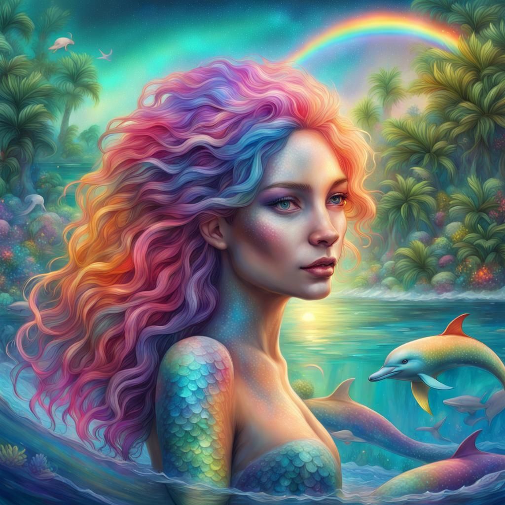 A Beautiful Mermaid With Rainbow-colored Hair Rides Through A Tropical 