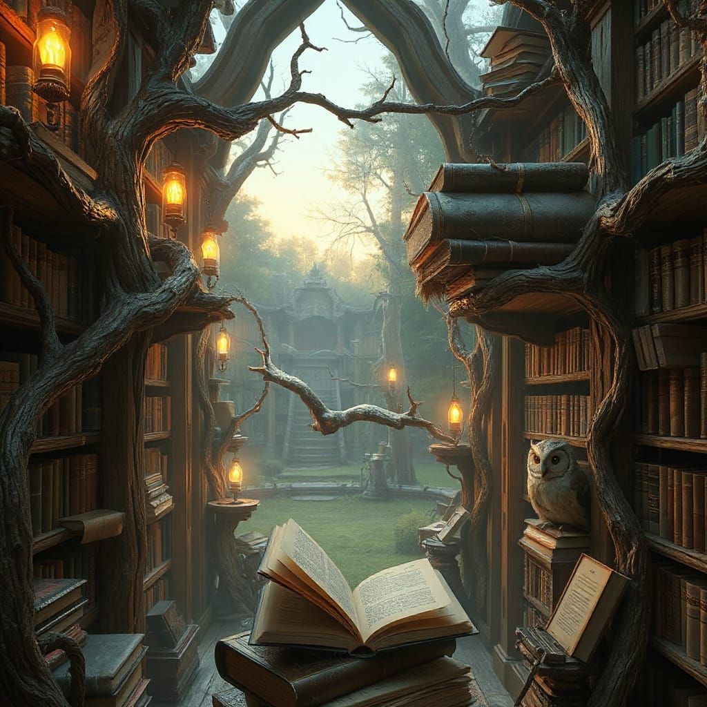 Whimsical, magical library  by @Jaxsa