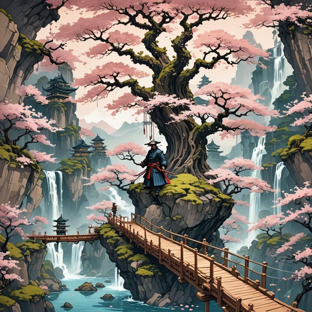 Lonely Samurai in Floating Islands: A samurai standing on a rope bridge ...