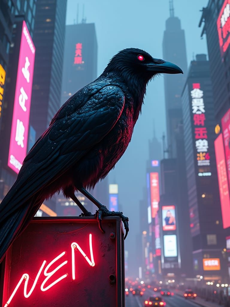 A raven in a cyberpunk setting. The raven is perched on top of a multidimensional neon signboard, with circuit patterns glowing on its metal...